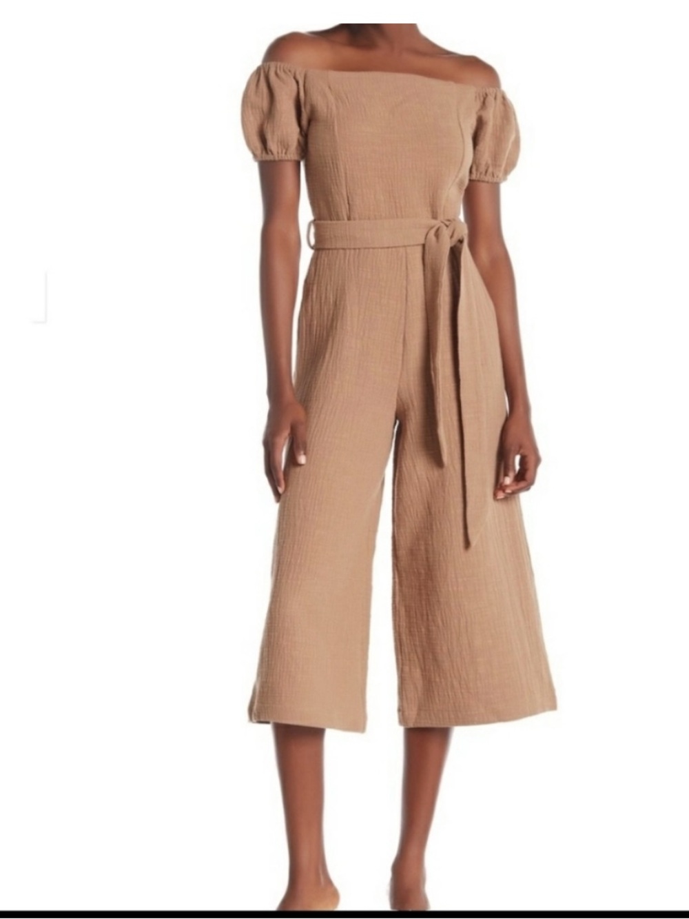 Line & Dot Off The Shoulder Cotton Brown Rimama Wide Leg Jumpsuit